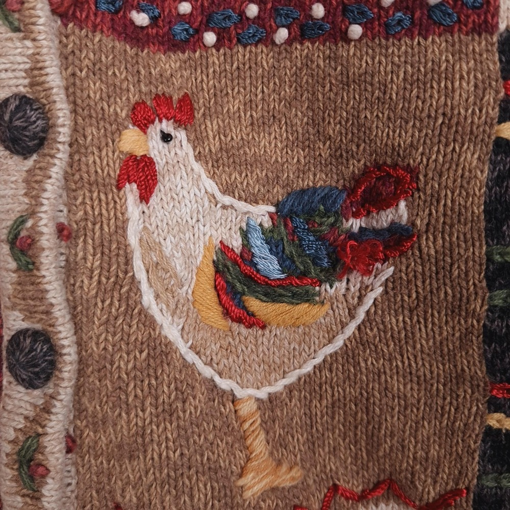 Handknit Country Cardigan Sweater Womens Large Farm Flower Rooster Sunflower - Picture 8 of 16